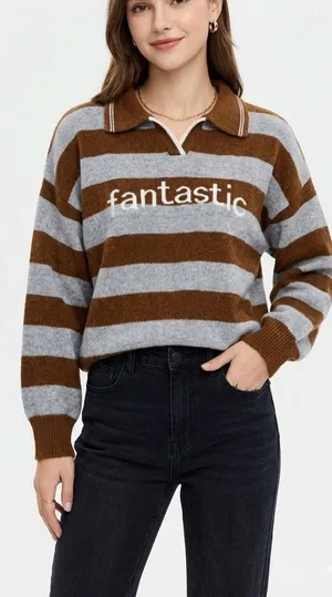 Fantastic Striped V-Neck Polo Sweater in Brown and Gray thumbnail 1