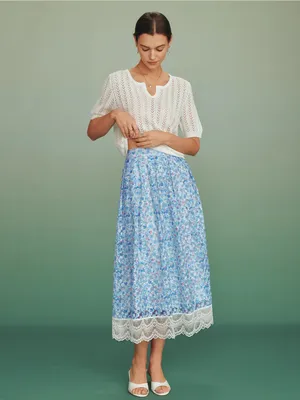 Rihoas Blue Floral Lace A-Line Skirt thumbnail 3
