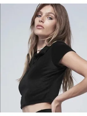 Alo Velour Choice Polo Black Velvet Fuzzy Cropped Short Sleeve Henley Crop Top thumbnail 5