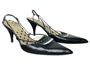 Christian Lacroix Black Leather Pointed Toe Slingback Kitten Heels thumbnail 1