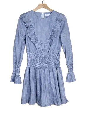 English Factory Women's M Striped Long Sleeve Smocked Waist Lined Mini Dress thumbnail 1