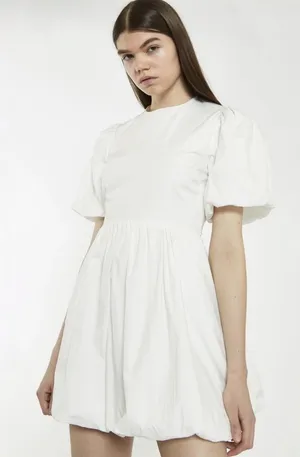 Glamorous Puff-Sleeve Mini Dress White Open Back Lace Up Skater Dress White Sz 4 thumbnail 1