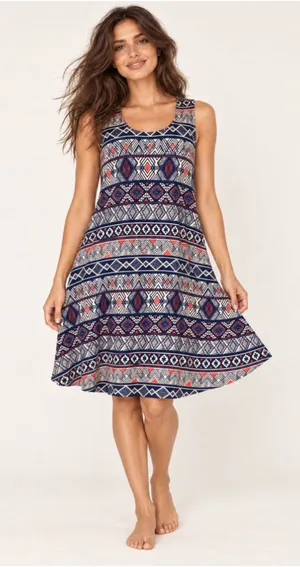 New Directions Tribal Swing Dress Geometric Print Sleeveless Southwestern Boho M thumbnail 1