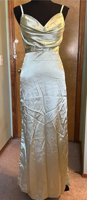 Light green satin spaghetti strap formal dress lace up back and side slits 0 thumbnail 1