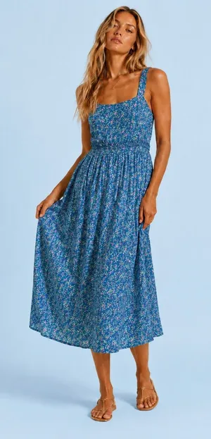 Vintage Cherokee Cotton Cottagecore Dress Midi Ditsy Floral Blue Romantic Spring thumbnail 1