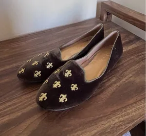 Talbots Olive Green‎ Velvet Fleur-de-lis Smoking Slippers Loafers Flats 7.5M thumbnail 1
