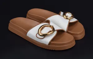 Steve Madden Slide Sandals Womens White Tan Gold Buckle Size 9.5 Canvas Slip thumbnail 1