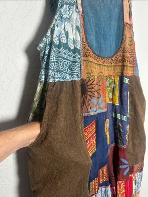 NEW Patchwork Jumpsuit Overalls Granola Girl Hippie Pockets Stretchy Straps Fall thumbnail 3