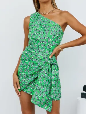 Hello Molly Rejuvenate Dress Green Floral One Shoulder Wrap Mini Dress Sz 8 thumbnail 1