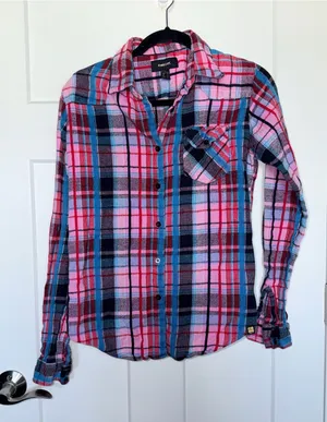 Pink and Blue Plaid Flannel Button Down Size 4 thumbnail 1