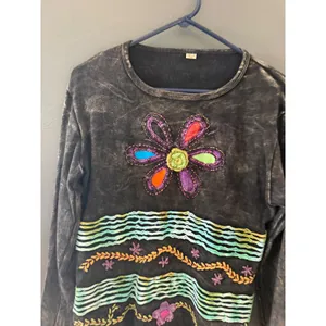 Womens Acid Wash‎ Embroidered Floral Long Sleeve Top Boho Art to Wear Grey L thumbnail 2