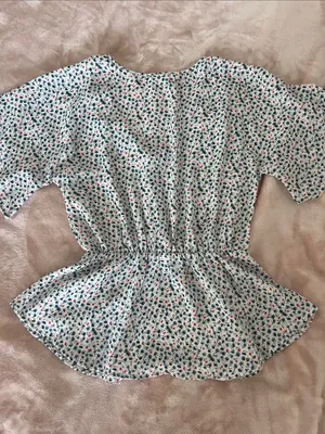 Sienna Sky White Floral V-Neck Cinch Waist Blouse with Navy & Red Accents thumbnail 3