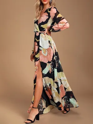 Lulus Wondrous Water Lilies Black Floral Print Maxi Dress Size XS thumbnail 2