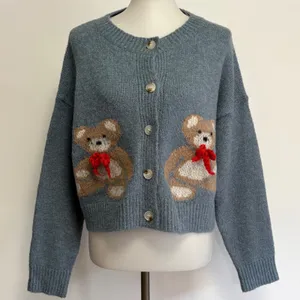 Luna Ivy Cardigan Sweater M Blue Teddy Bear 3D Bow Button Front K5397 thumbnail 2