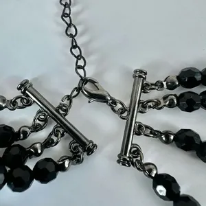 Long multi strand black beaded flower necklace thumbnail 6