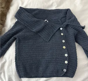 Zara Navy Blue Off-the-Shoulder Crochet Sweater thumbnail 1