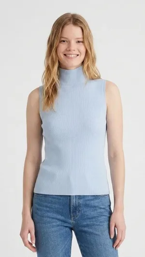 Madewell Top Womens Medium Merino Wool Silk Sweater Tank Mockneck Blue NS653 thumbnail 1
