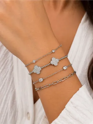 Guess Silver Tone CZ Pave Clover Layered Bracelet Set thumbnail 2