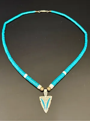 Vintage Southwestern Silver-tone Turquoise Heishi Beads Pendant Necklace thumbnail 3