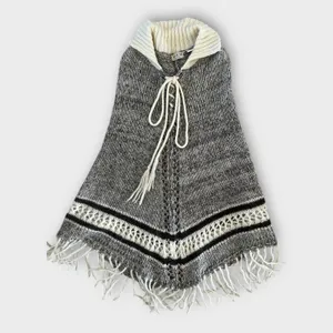 Vintage 70s Knitted Poncho MKM Designs Tie & Collar Medium Retro Boho Hippie thumbnail 2