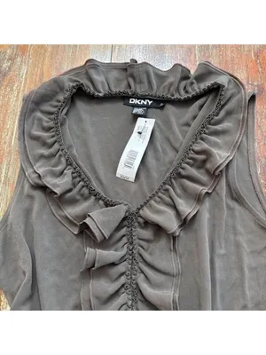 DKNY Olive Green Sleeveless V-Neck Ruffle Blouse Small thumbnail 2