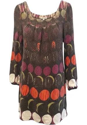Aryeh Tunic Dress Brown‎ Multi Polka Dot Boho Knit Square Neck Womens Large thumbnail 1