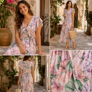 M&S Collection Floral V-Neck Flutter Sleeve Midi Dress Blush Pink UK 10 US 6 thumbnail 2