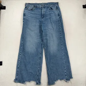 American Eagle 16 Jeans Super High Rise Baggy Wide Leg Raw Hem Blue Denim Grunge thumbnail 3