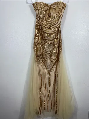 Strapless Gold Sequin Evening Column Dress Size L thumbnail 4