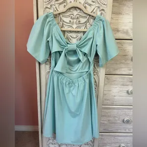 ASOS Mint Aqua Open Back Bow Mini Dress Coquette regency Fit Flare Size NWT 6 thumbnail 5