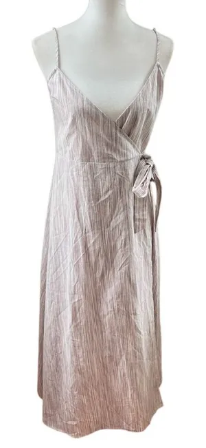 AFTER MARKET‎ Striped Wrap Midi Dress Beige Tan Spaghetti Strap Tie Waist thumbnail 1