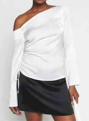 REFORMATION | White Jacquard Satin Allira Asymmetrical Off Shoulder Blouse | 0 thumbnail 1