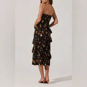 ASTR The Label Plisse Asymmetric Tiered Ruffle Strapless Midi Dress L thumbnail 5