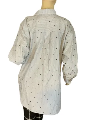 Loft Gray, Black & White Stripes & Polka-Dot Cotton Button Down Top (L) thumbnail 6