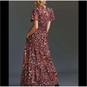 Anthropologie Somerset Maxi Dress Leopard Print Tiered Smocked Rust Brown Medium thumbnail 2