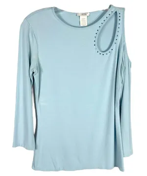 Cache Small Top Knit‎ Light Baby Blue Rhinestones Cut Out Cold Shoulder Y2K 1348 thumbnail 1