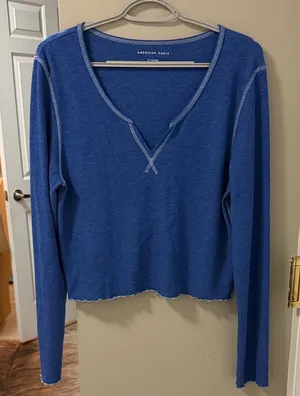 American Eagle Soft & Sexy ribbed long-sleeve v-neck top in blue XL thumbnail 1