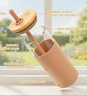 Glass Tumbler With Bamboo Lid & Reusable Straw – Modern Aesthetic Drink Cup Set” thumbnail 1