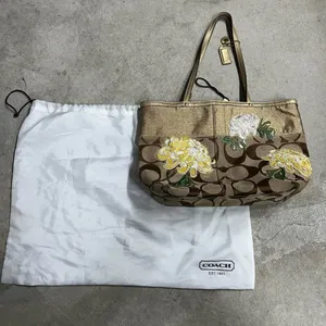COACH Brown Signature Floral Embroidered Jacquard & Gold Leather Satchel Tote thumbnail 8
