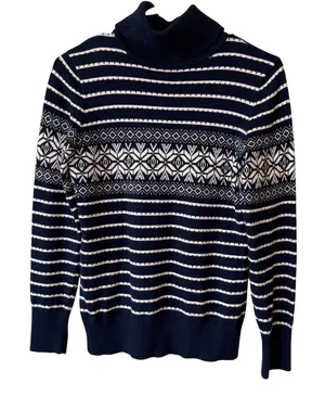 LL Bean Womens Cotton Cashmere Sweater Navy Blue White Fair Isle Turtleneck thumbnail 1