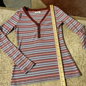 Madewell Striped Ribbed Henley Top Women S Blue Pink Long Sleeve V-Neck MB172 thumbnail 2