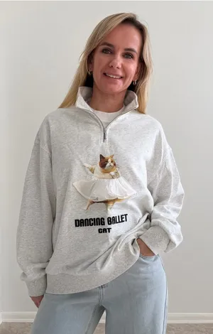 Maden Dancing Ballet Cat Half-Zip Sweatshirt Gray Size L thumbnail 1