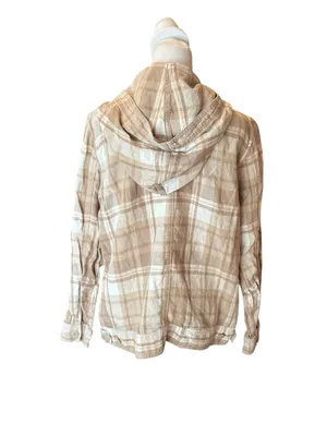 Eddie Bauer Linen Plaid Zip Up Hooded Jacket Size Large Tan Brown Orange thumbnail 2