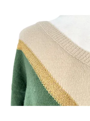 Aaron & Amber Chevron V-Neck Sweater Cabincore 70s Retro Beige Gold Green Medium thumbnail 3