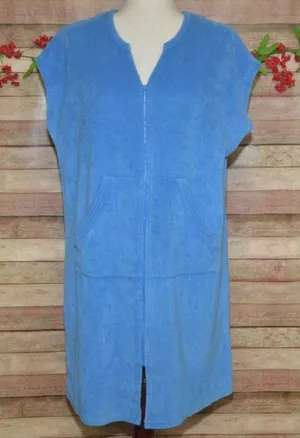 Erika Taylor Relax Blue Terry Cloth Zip Front Short Sleeve Robe Lounger Size L thumbnail 1