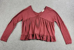 Altar’d State Cropped Top M Red V Neck Long Sleeve Ruffle Trim Pullover Blouse thumbnail 1