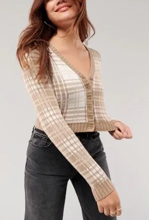 Hollister Tan Plaid Cropped Cardigan Button Front Knit Sweater Medium thumbnail 1