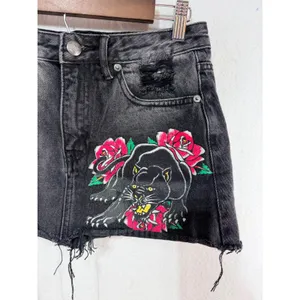 Ed Hardy Denim Cutoff Mini Skirt Panther Rose Distressed Women's S Black Tattoo thumbnail 3