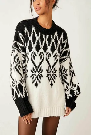 Free People Fireside Patterned Tunic Small Black White Oversized Sweater‎ Hearts thumbnail 1