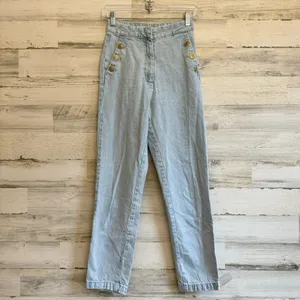 Zara High Waisted Sailor Jeans Light Wash Blue Gold Button Slim Leg XS 6147/157 thumbnail 3